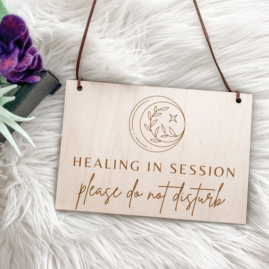 Engraved Healing in Session Sign, Mystic Healing Sign, Do Not Disturb, Open Sign, Treatment Sign, Studio Open, Moon Sign, Triple Goddess